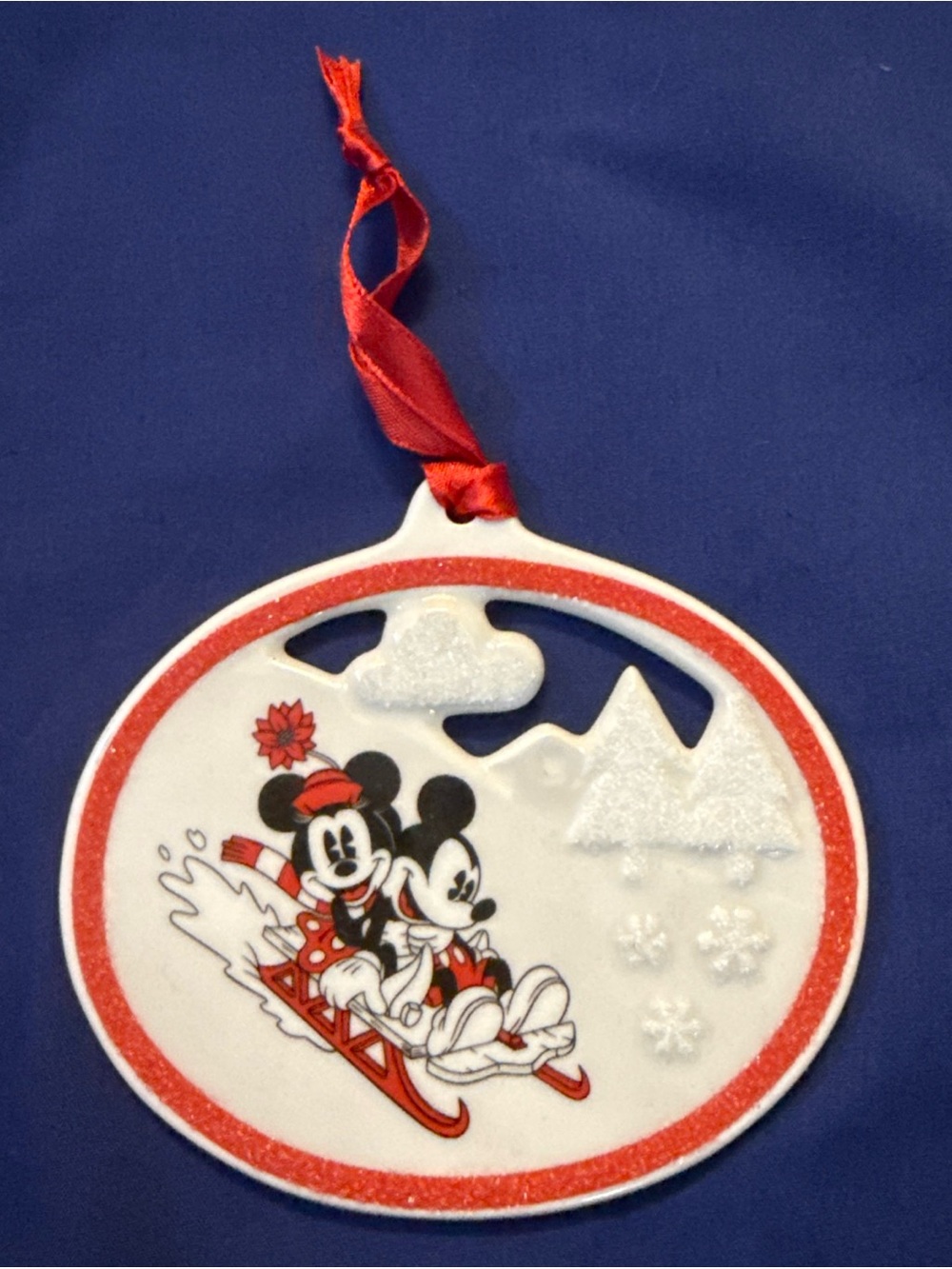 Disney Parks Mickey and Minnie Mouse Sledding Retired Christmas Ornament
